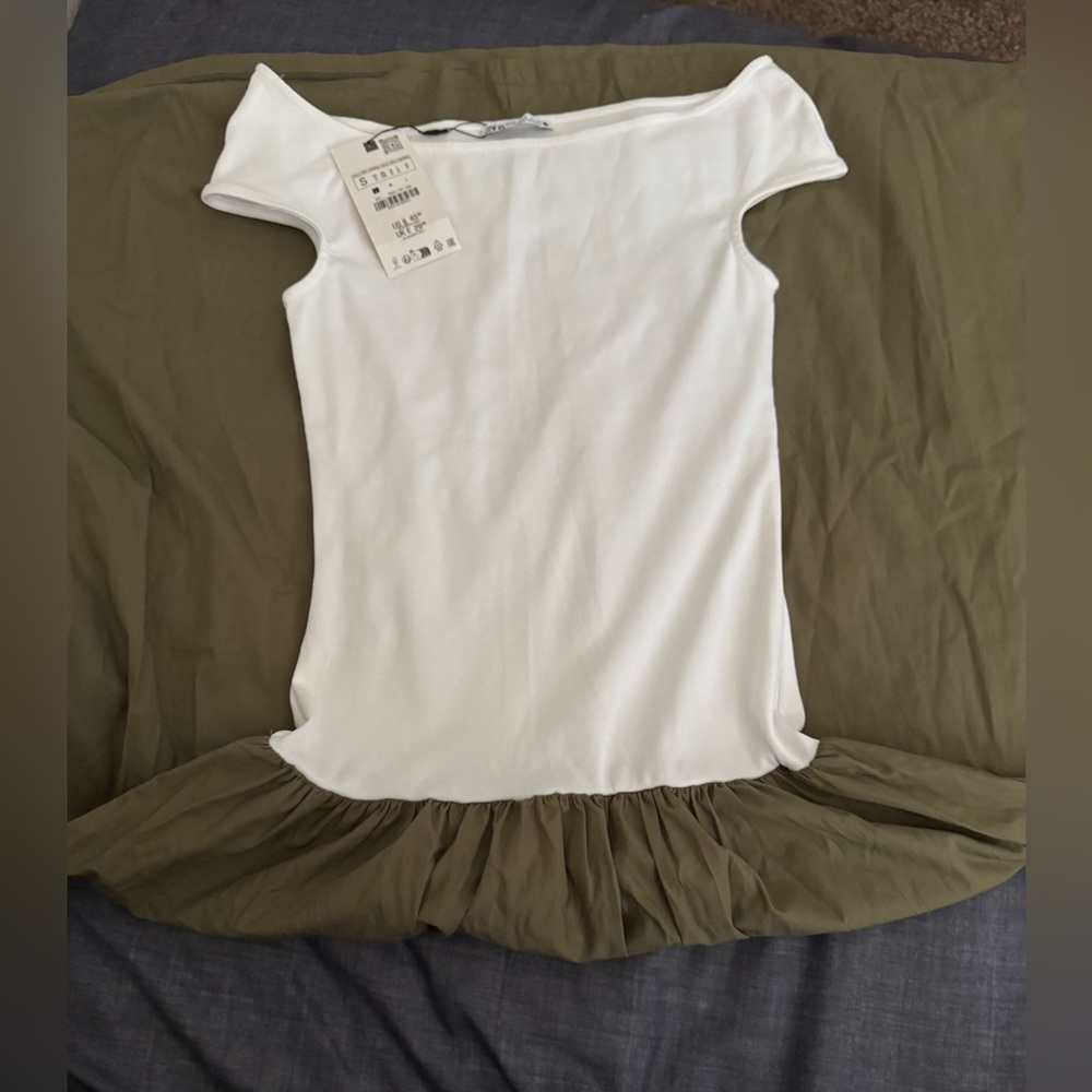 Zara White Off-Shoulder Drop Waist Dress